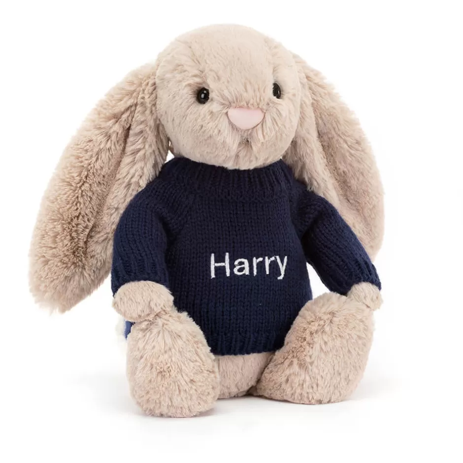 Jellycat Personalised Baby | Personalised Jumpers<Bashful Beige Bunny With Personalised Navy Jumper