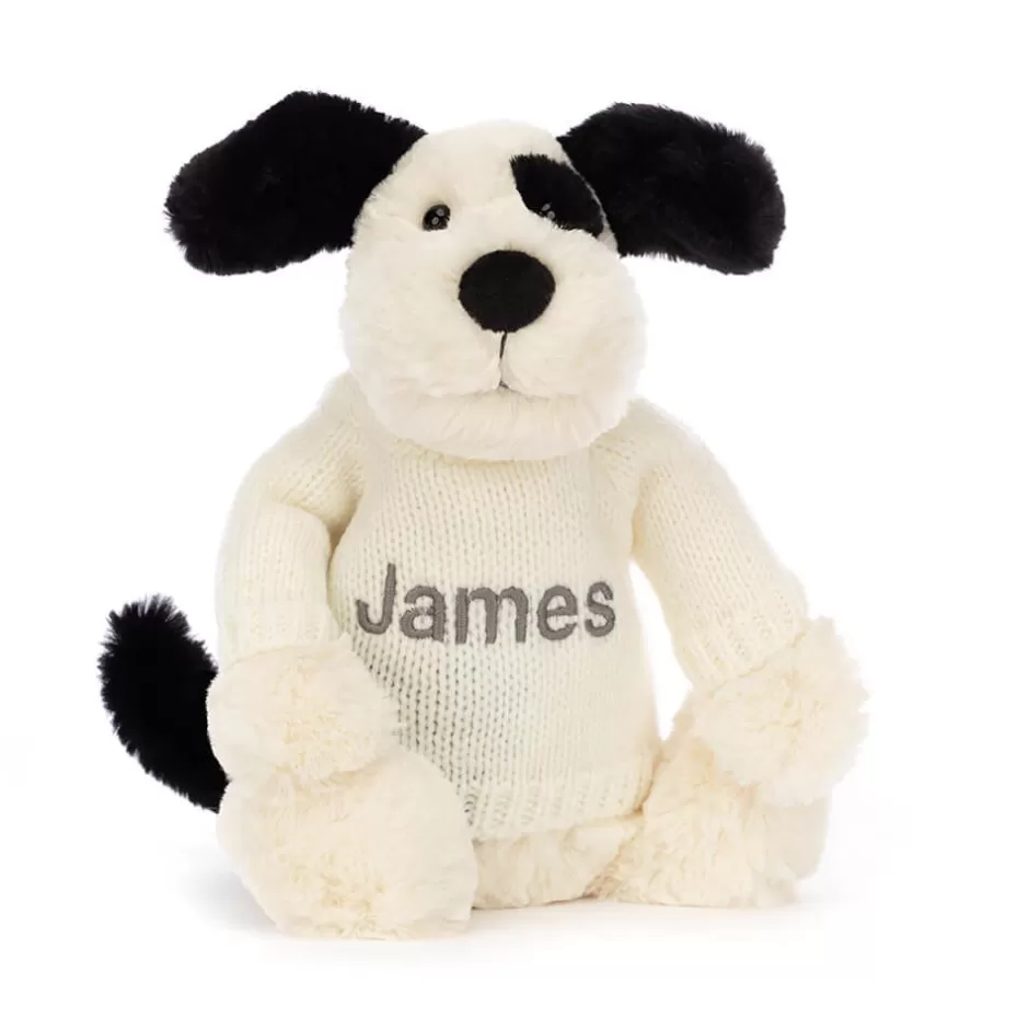 Jellycat Personalised Baby | Personalised Jumpers<Bashful Black & Cream Puppy With Personalised Cream Jumper