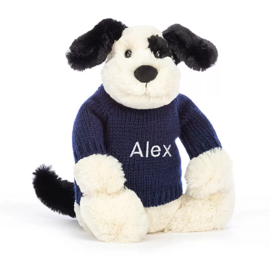 Jellycat Personalised Baby | Personalised Jumpers<Bashful Black & Cream Puppy With Personalised Navy Jumper