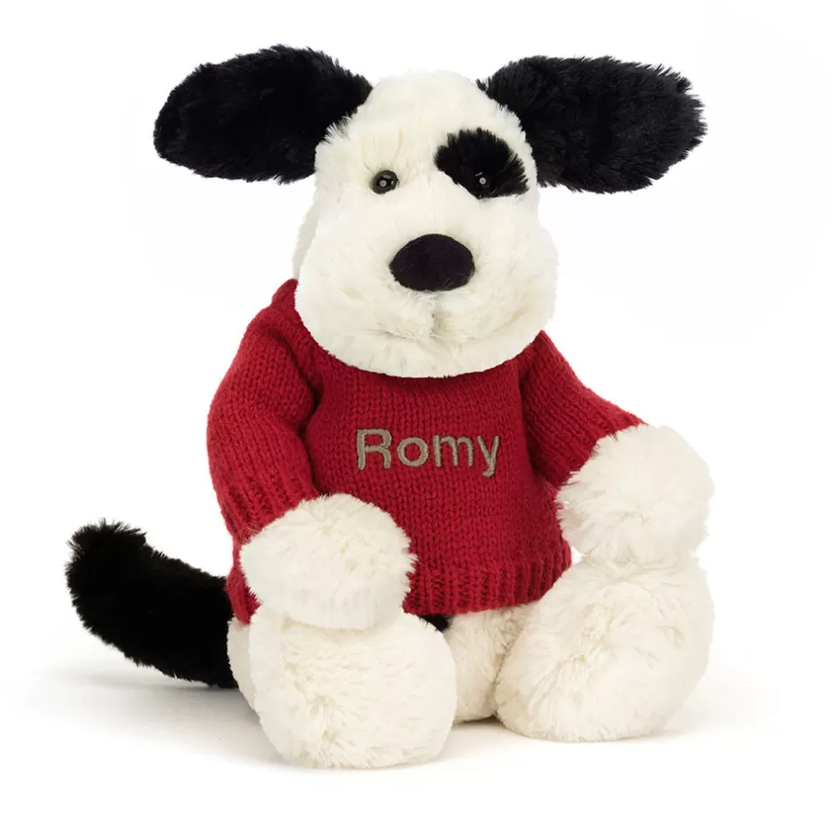 Jellycat Personalised Baby | Personalised Jumpers<Bashful Black & Cream Puppy With Personalised Red Jumper