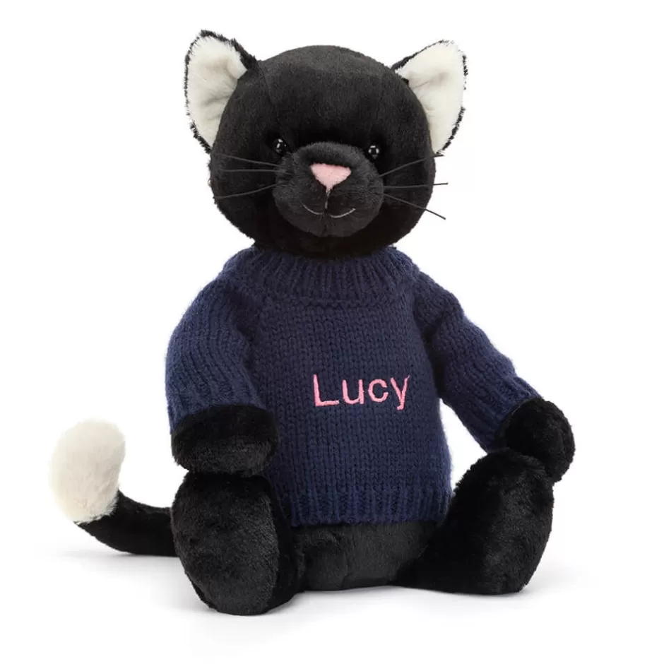 Jellycat Personalised Jumpers<Bashful Black Kitten With Personalised Navy Jumper