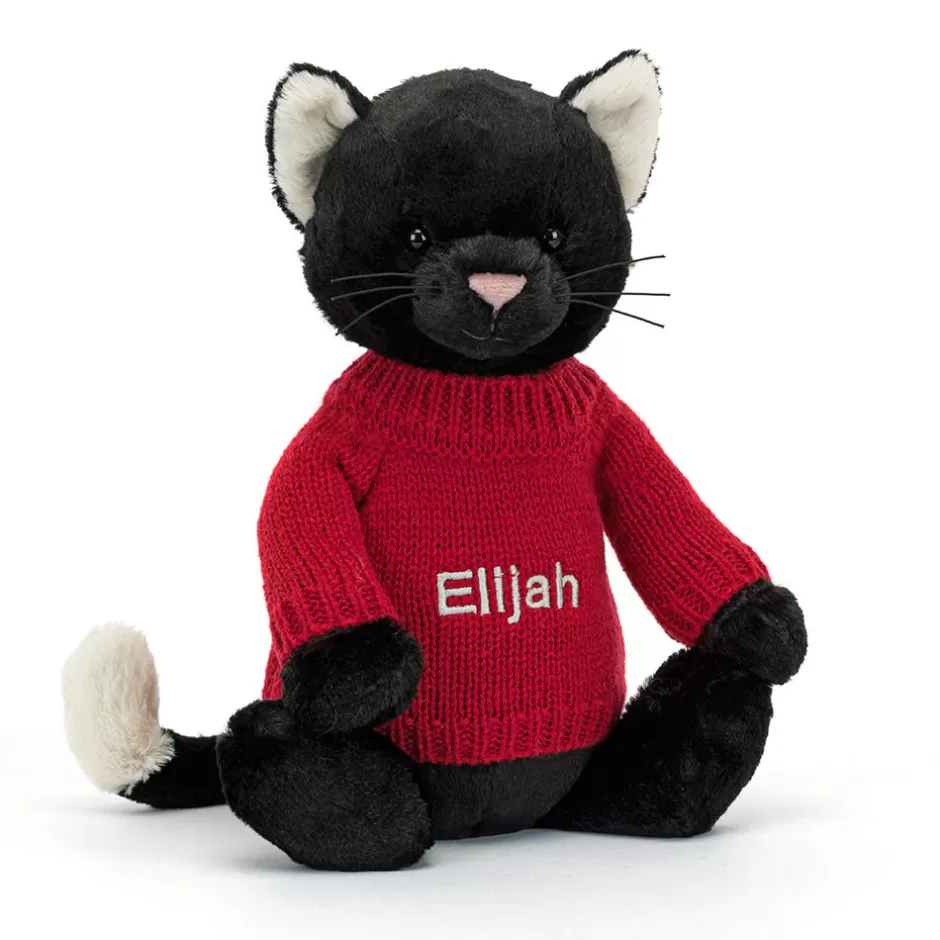 Jellycat Personalised Jumpers<Bashful Black Kitten With Personalised Red Jumper