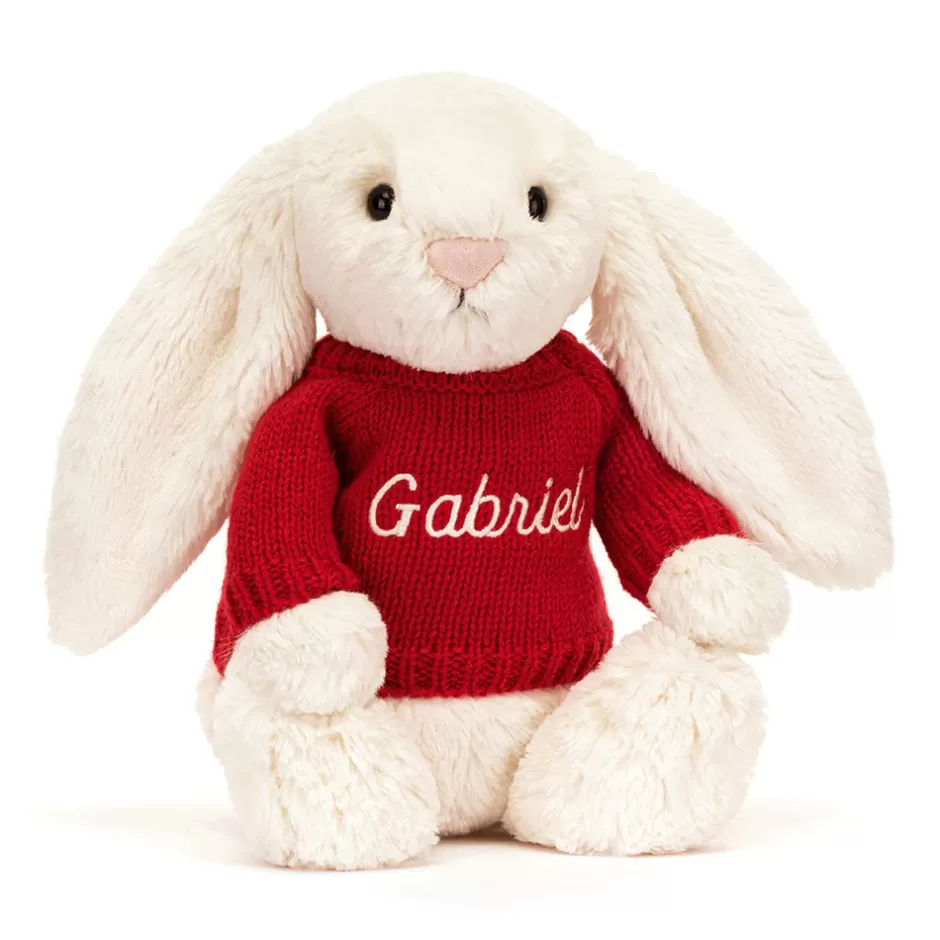 Jellycat Personalised Jumpers | Bashful Bunnies<Bashful Cream Bunny With Personalised Red Jumper