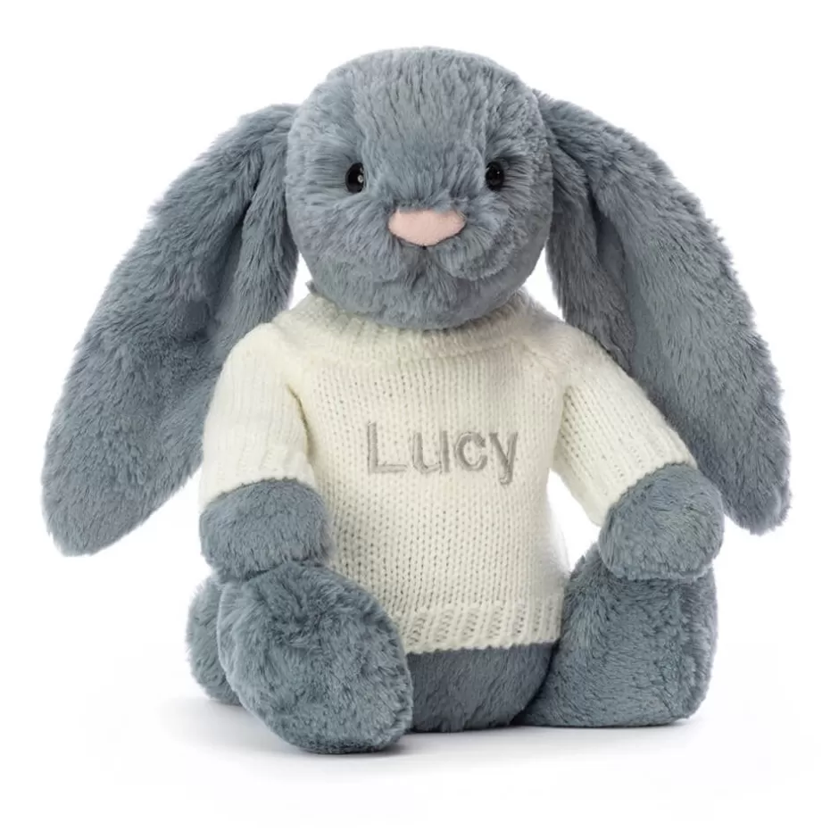 Jellycat Personalised Jumpers | Bashful Bunnies<Bashful Dusky Blue Bunny With Personalised Cream Jumper