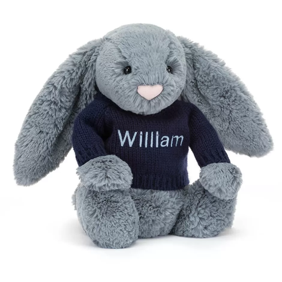 Jellycat Personalised Jumpers | Bashful Bunnies<Bashful Dusky Blue Bunny With Personalised Navy Jumper