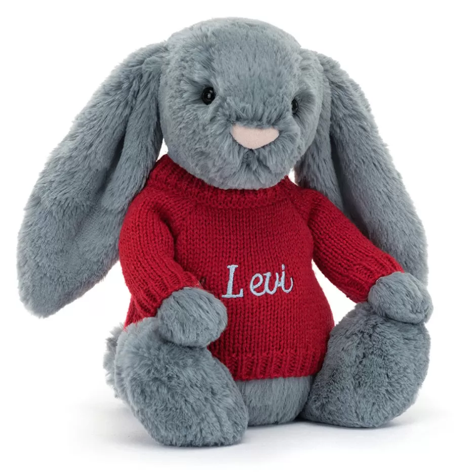 Jellycat Personalised Jumpers | Bashful Bunnies<Bashful Dusky Blue Bunny With Personalised Red Jumper