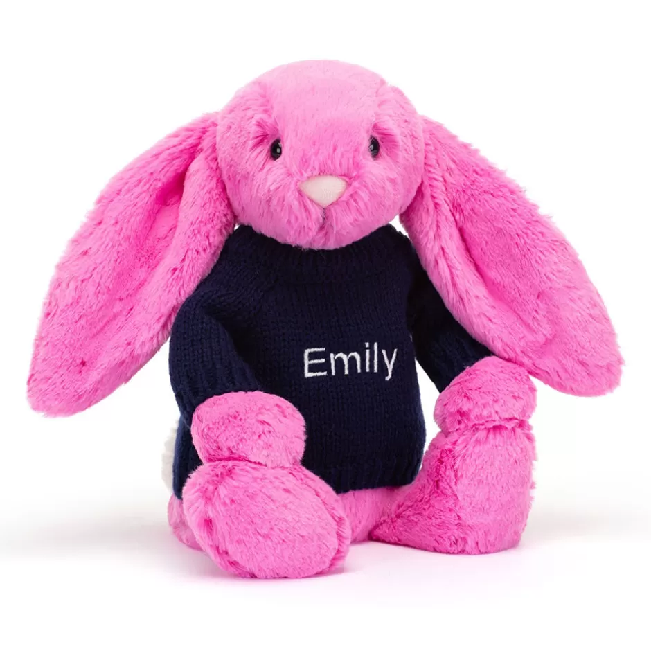 Jellycat Personalised Jumpers | Bashful Bunnies<Bashful Hot Pink Bunny With Personalised Navy Jumper