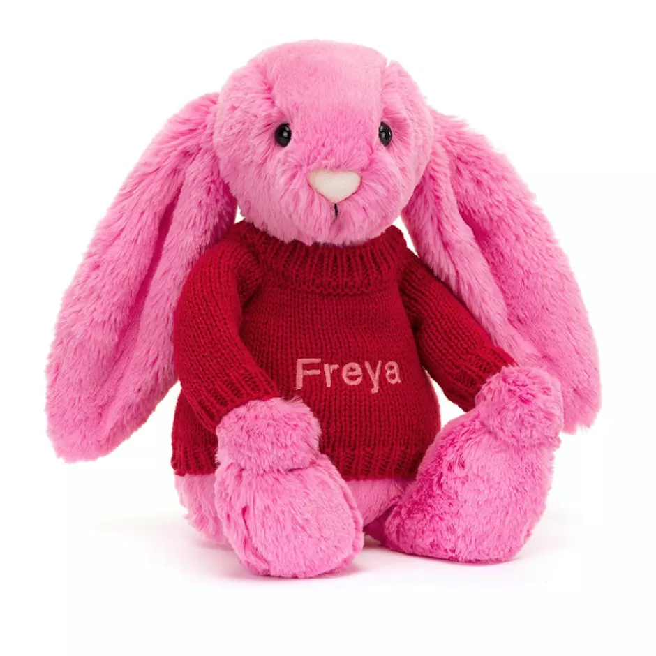 Jellycat Personalised Jumpers | Bashful Bunnies<Bashful Hot Pink Bunny With Personalised Red Jumper