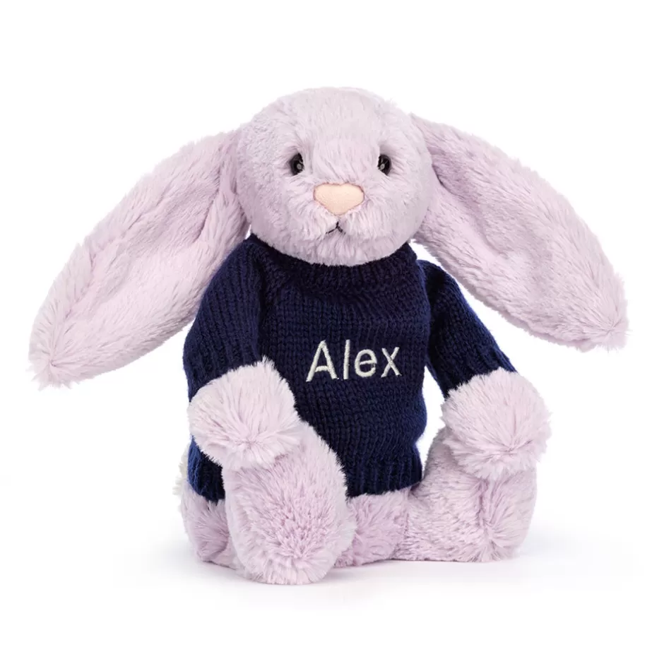 Jellycat Personalised Jumpers | Bashful Bunnies<Bashful Lilac Bunny With Personalised Navy Jumper