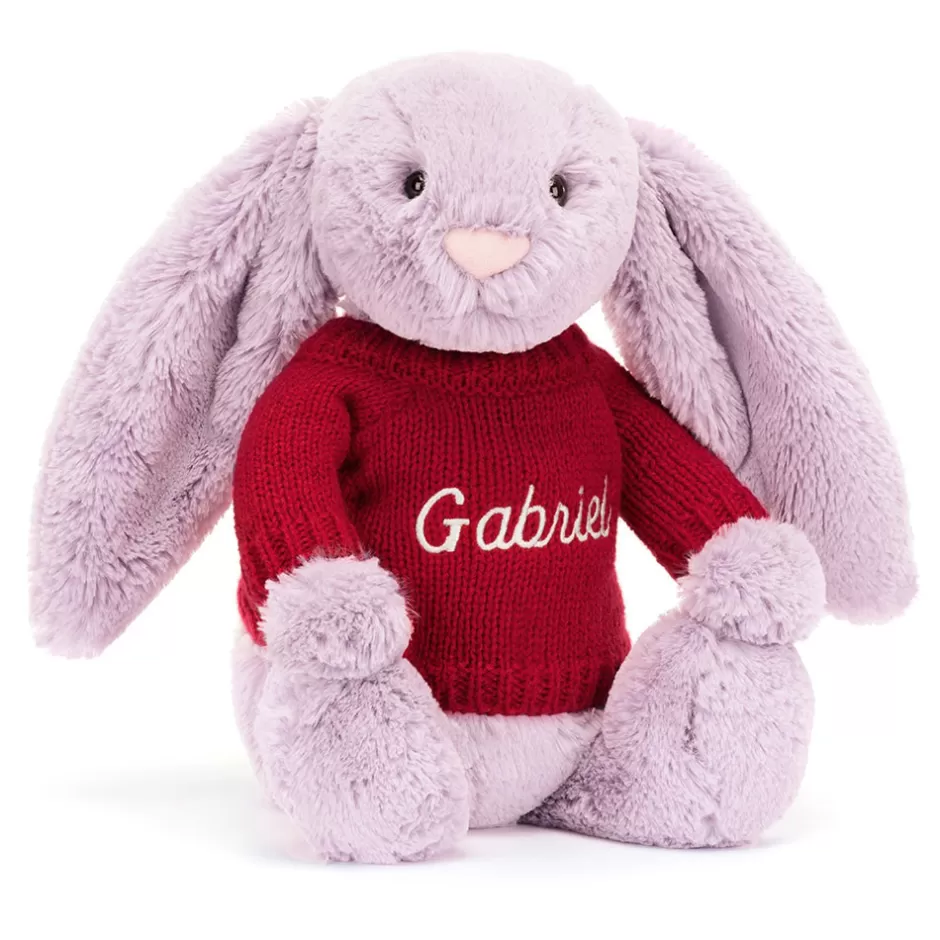 Jellycat Personalised Jumpers | Bashful Bunnies<Bashful Lilac Bunny With Personalised Red Jumper