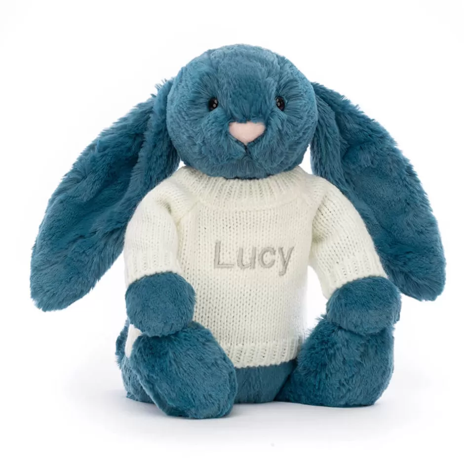 Jellycat Personalised Jumpers | Bashful Bunnies<Bashful Mineral Blue Bunny With Personalised Cream Jumper