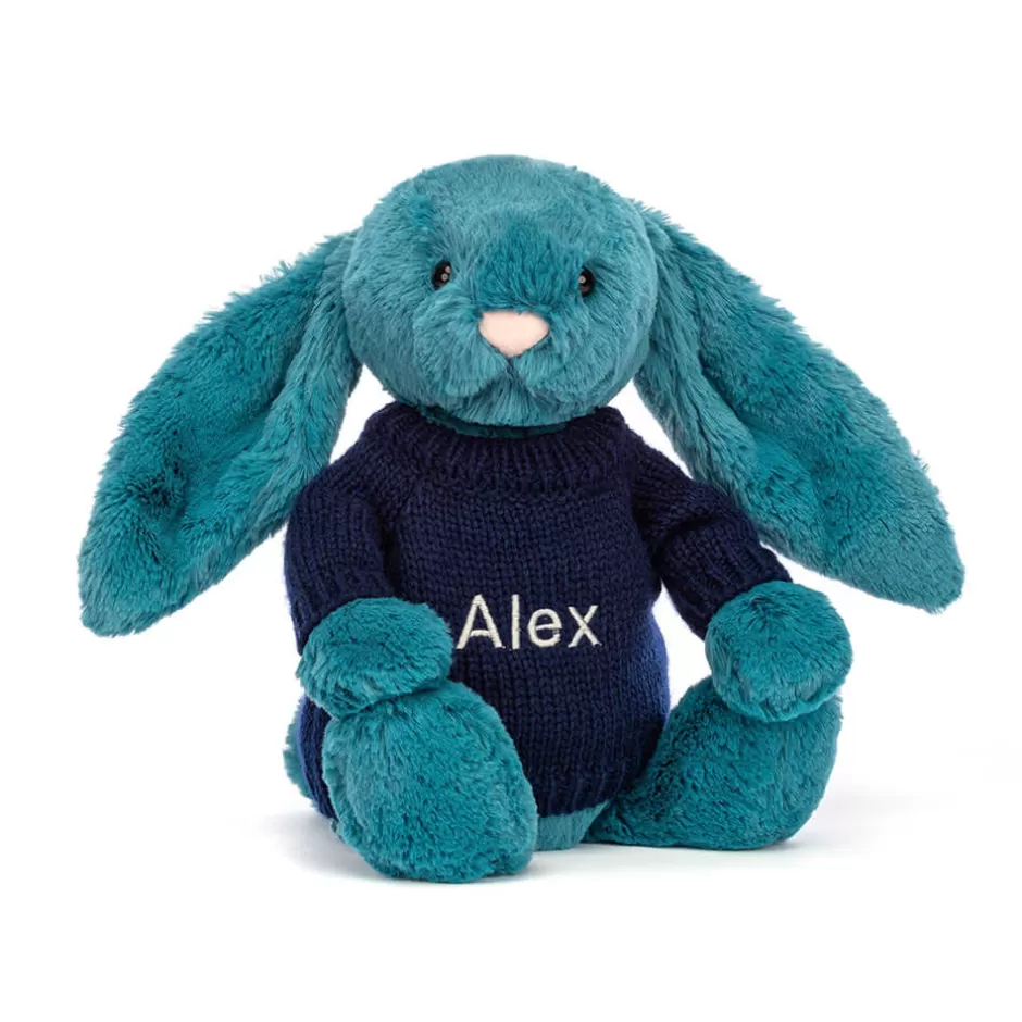 Jellycat Personalised Jumpers | Bashful Bunnies<Bashful Mineral Blue Bunny With Personalised Navy Jumper