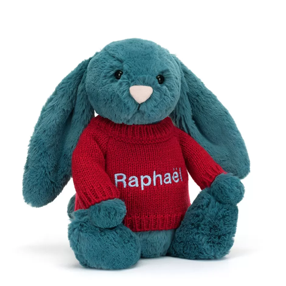 Jellycat Personalised Jumpers | Bashful Bunnies<Bashful Mineral Blue Bunny With Personalised Red Jumper