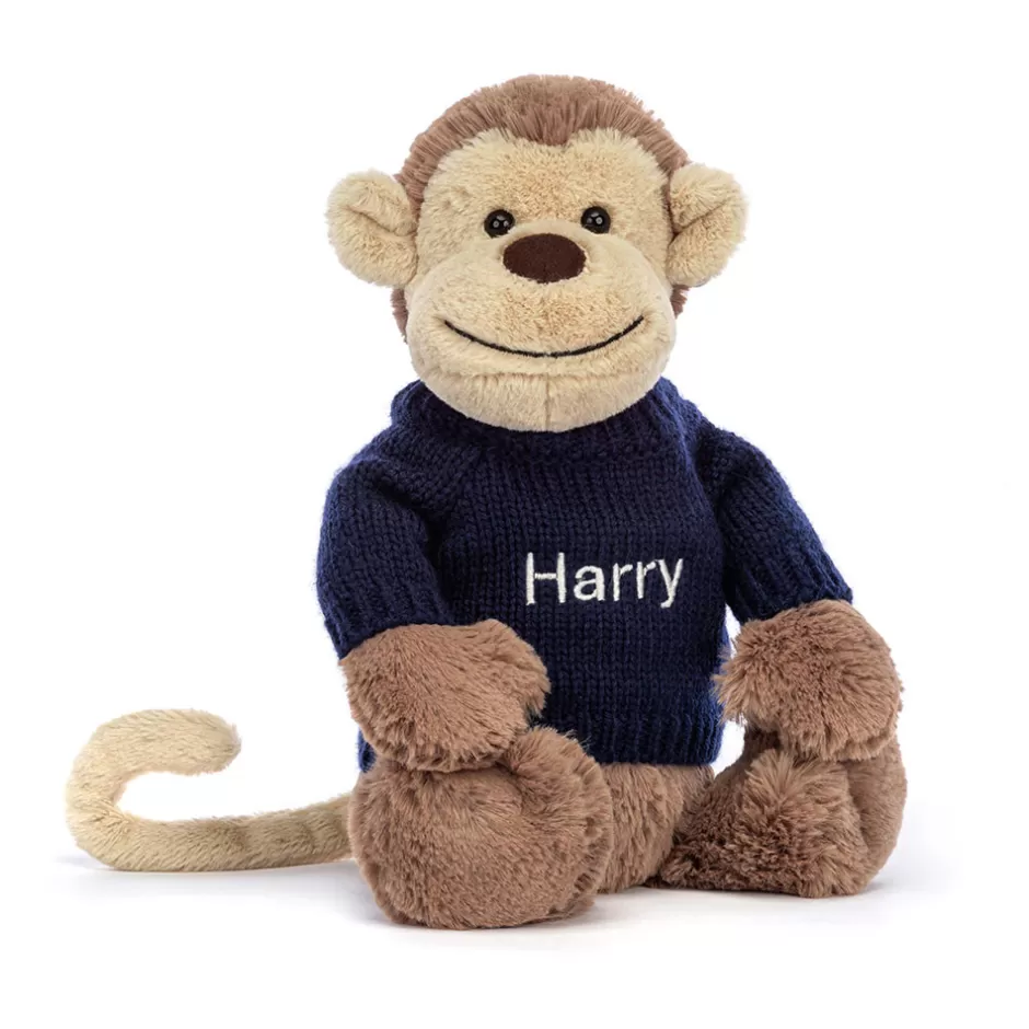 Jellycat Personalised Jumpers<Bashful Monkey With Personalised Navy Jumper