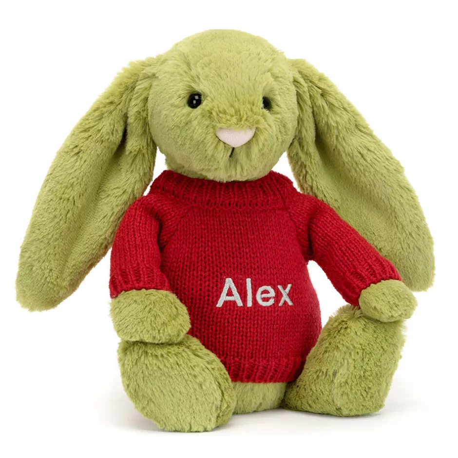 Jellycat Personalised Jumpers | Bashful Bunnies<Bashful Moss Bunny With Personalised Red Jumper