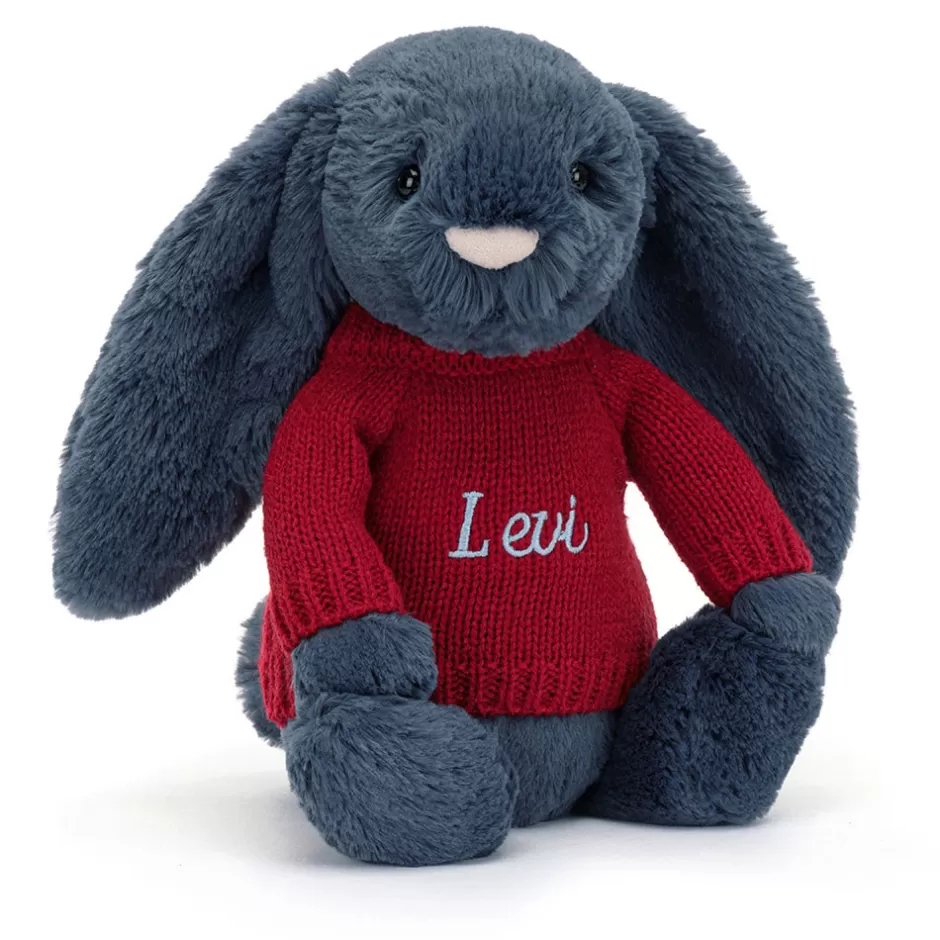 Jellycat Personalised Jumpers | Bashful Bunnies<Bashful Navy Bunny With Personalised Red Jumper