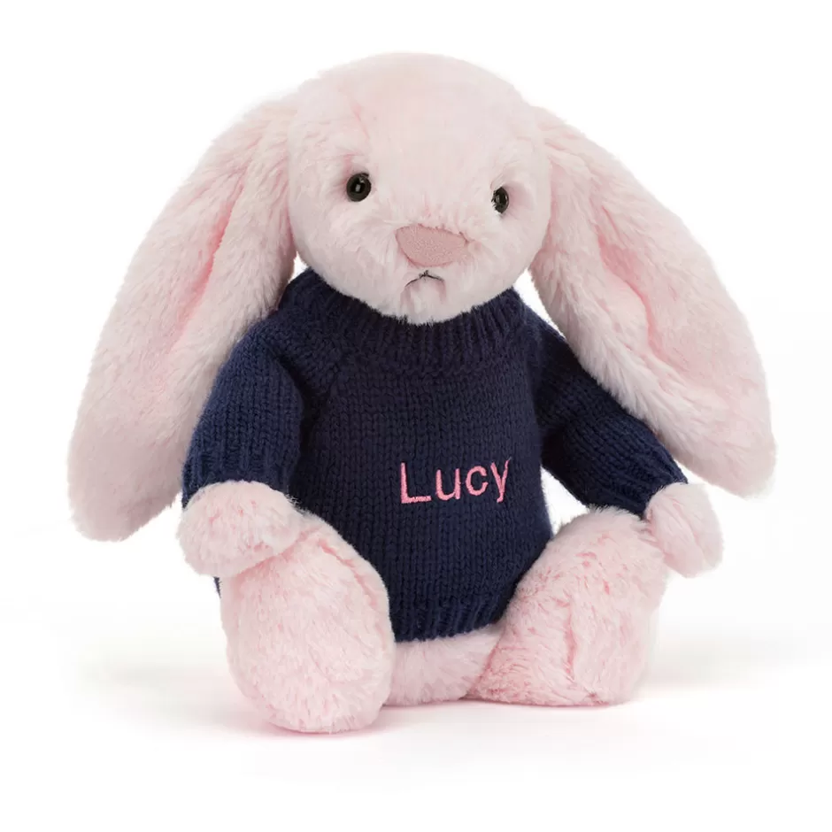 Jellycat Personalised Jumpers | Bashful Bunnies<Bashful Pink Bunny With Personalised Navy Jumper