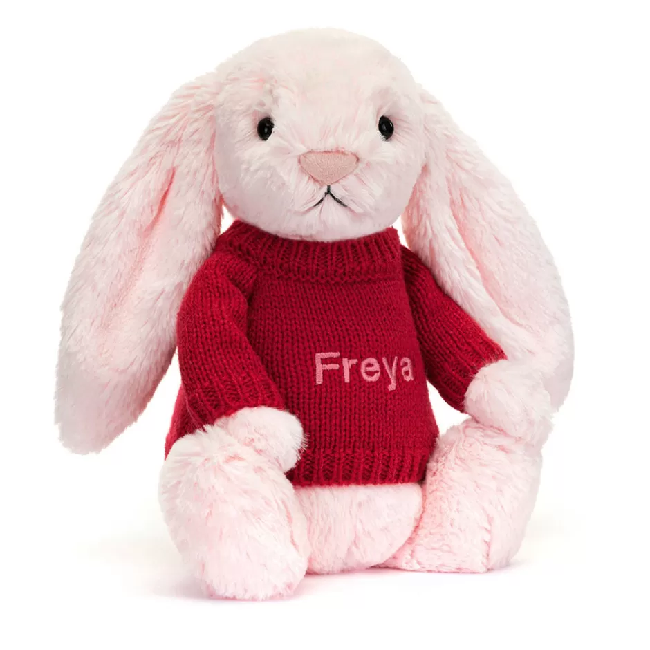 Jellycat Personalised Jumpers | Bashful Bunnies<Bashful Pink Bunny With Personalised Red Jumper