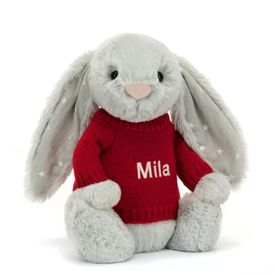 Jellycat Personalised Jumpers | Bashful Bunnies<Bashful Shimmer Bunny With Personalised Red Jumper