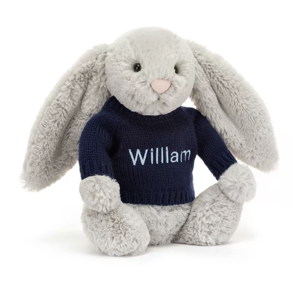 Jellycat Personalised Baby | Personalised Jumpers<Bashful Silver Bunny With Personalised Navy Jumper