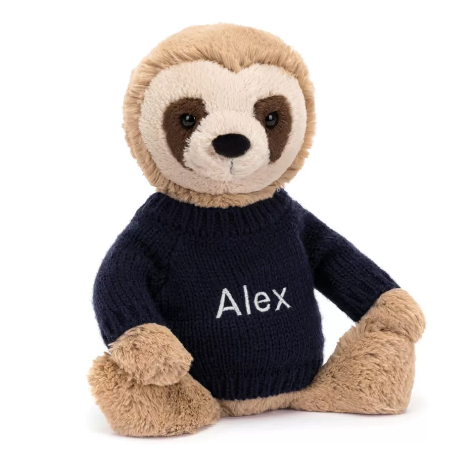 Jellycat Personalised Jumpers<Bashful Sloth With Personalised Navy Jumper