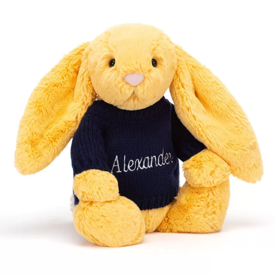 Jellycat Personalised Jumpers | Bashful Bunnies<Bashful Sunshine Bunny With Personalised Navy Jumper