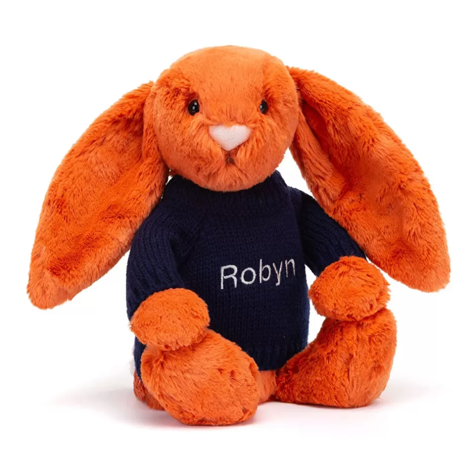 Jellycat Personalised Jumpers | Bashful Bunnies<Bashful Tangerine Bunny With Personalised Navy Jumper