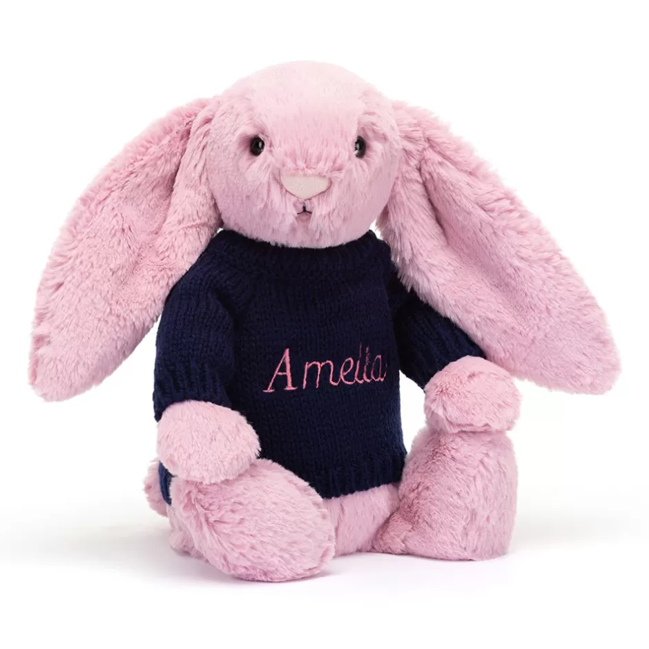 Jellycat Personalised Jumpers | Bashful Bunnies<Bashful Tulip Pink Bunny With Personalised Navy Jumper