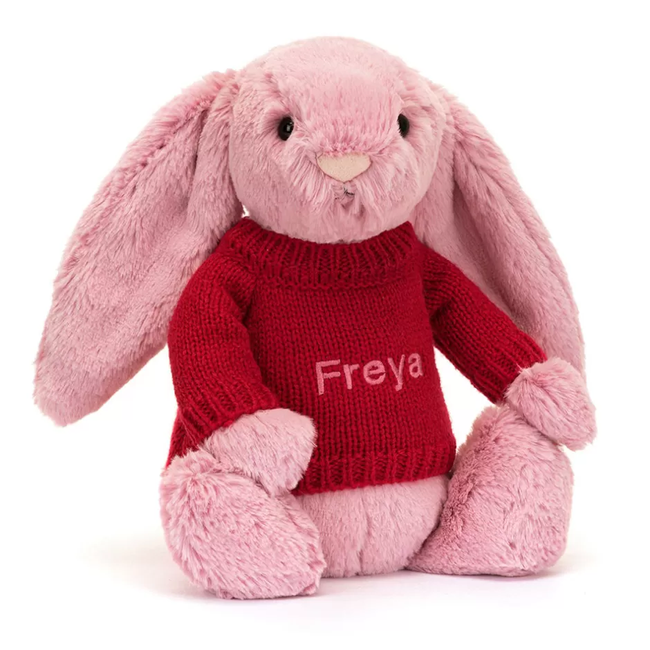 Jellycat Personalised Jumpers | Bashful Bunnies<Bashful Tulip Pink Bunny With Personalised Red Jumper