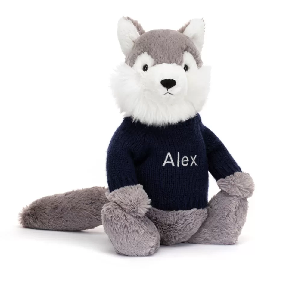 Jellycat Personalised Jumpers<Bashful Wolf With Personalised Navy Jumper