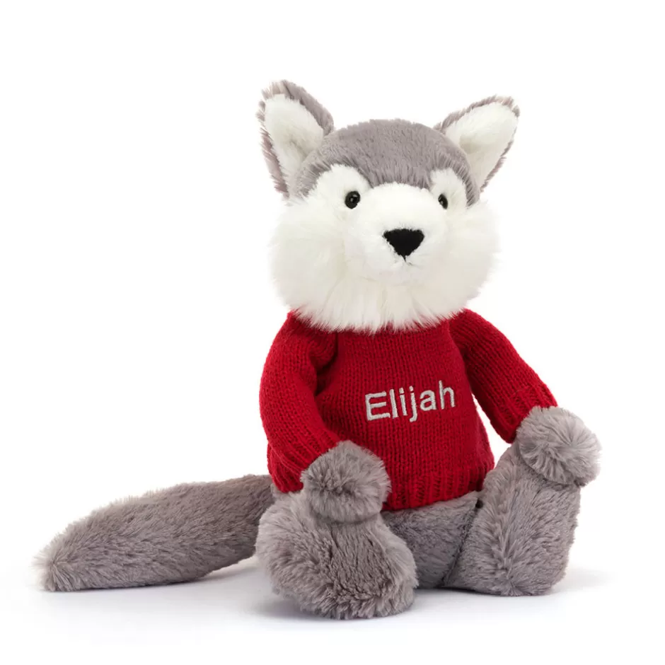 Jellycat Personalised Jumpers<Bashful Wolf With Personalised Red Jumper