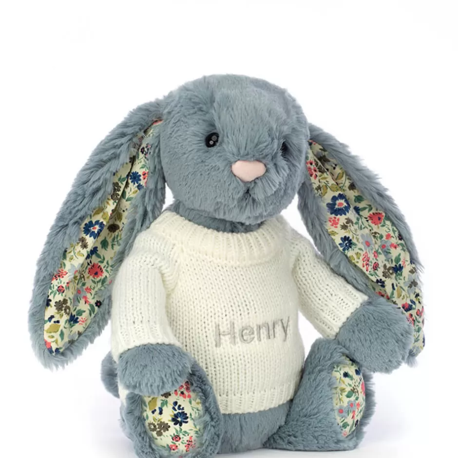 Jellycat Personalised Jumpers | Bashful Bunnies<Blossom Dusky Blue Bunny With Personalised Cream Jumper