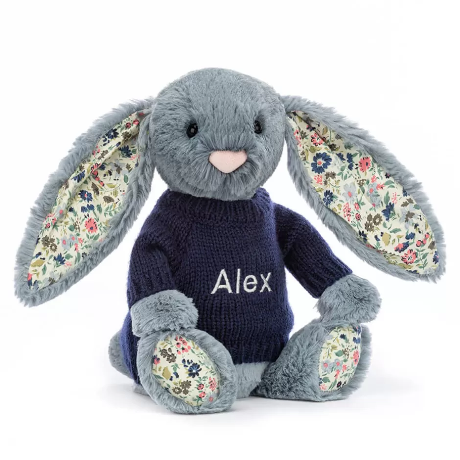 Jellycat Personalised Jumpers | Bashful Bunnies<Blossom Dusky Blue Bunny With Personalised Navy Jumper