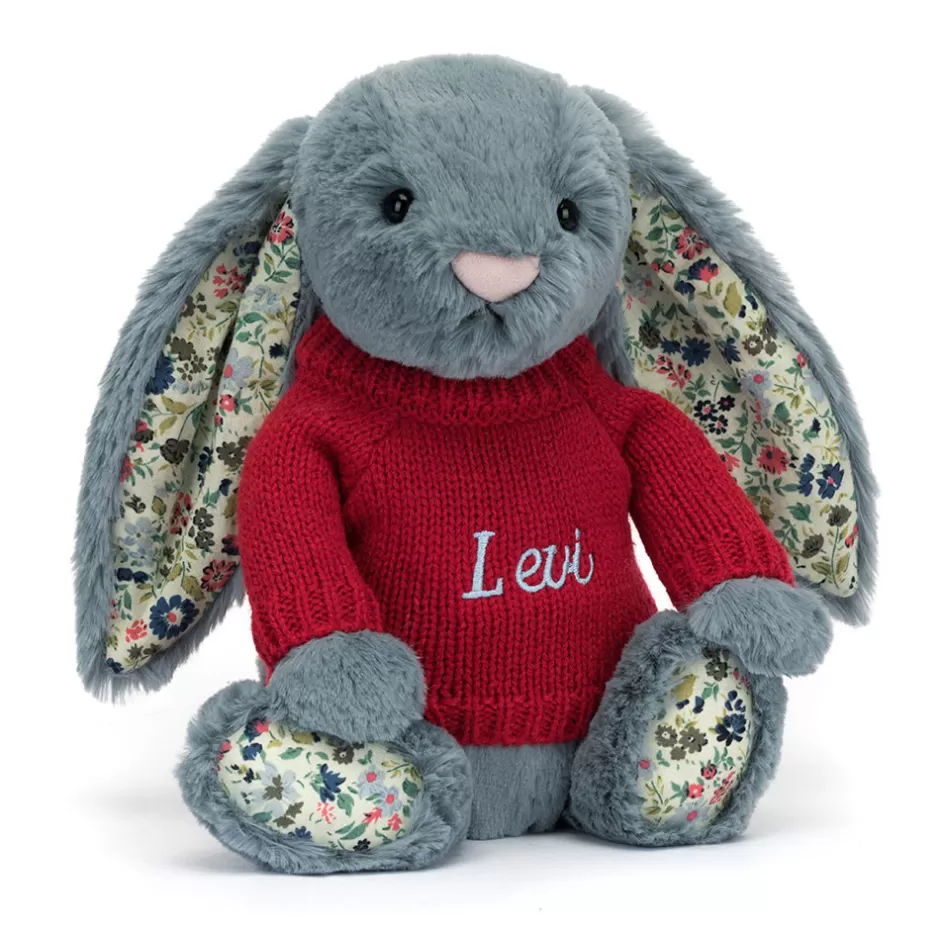 Jellycat Personalised Jumpers | Wedding & Anniversary<Blossom Dusky Blue Bunny With Personalised Red Jumper