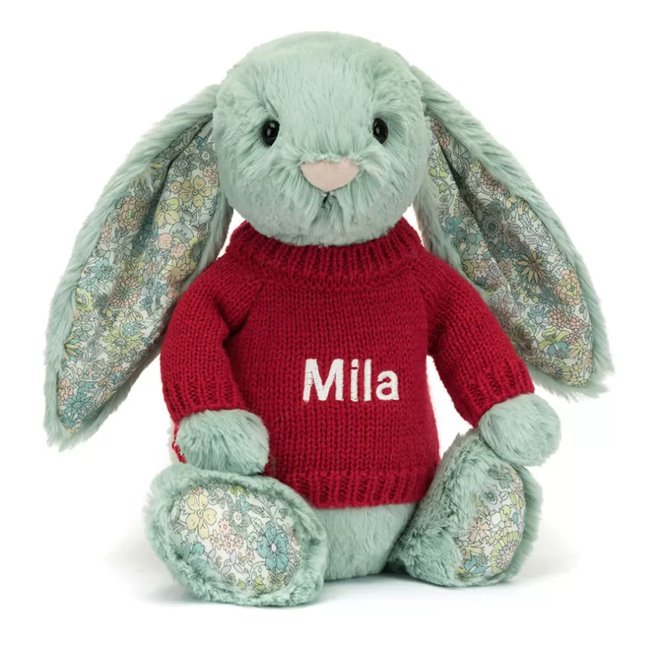 Jellycat Personalised Jumpers | Bashful Bunnies<Blossom Sage Bunny With Personalised Red Jumper