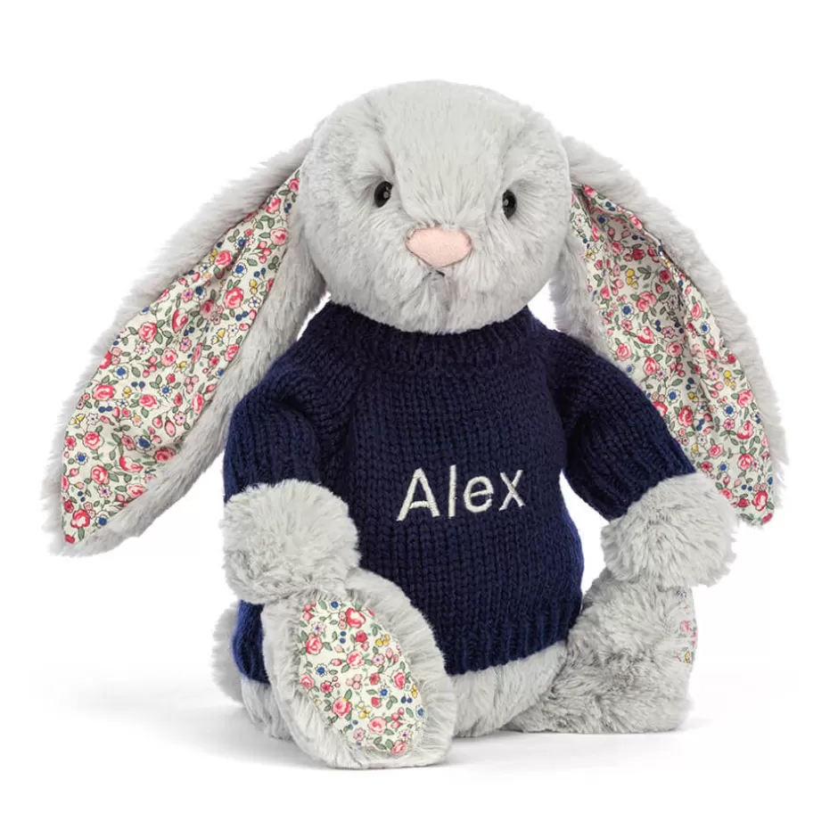 Jellycat Personalised Jumpers | Bashful Bunnies<Blossom Silver Bunny With Personalised Navy Jumper